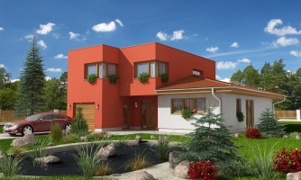 Casa moderna de varias plantas con garaje y una habitación en la planta baja.